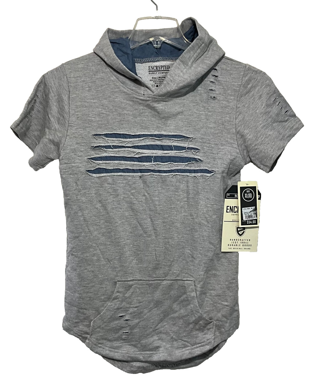 Boys Youth Encrypted Supply Co. Casual Distressed Hoodie Shirt Short Sleeve XL